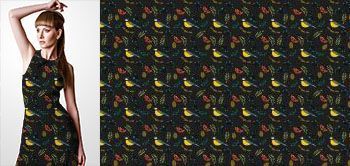 28001v Materiał ze wzorem malowane ptaki, owoce (jarzębina) i liście na ciemnym tle